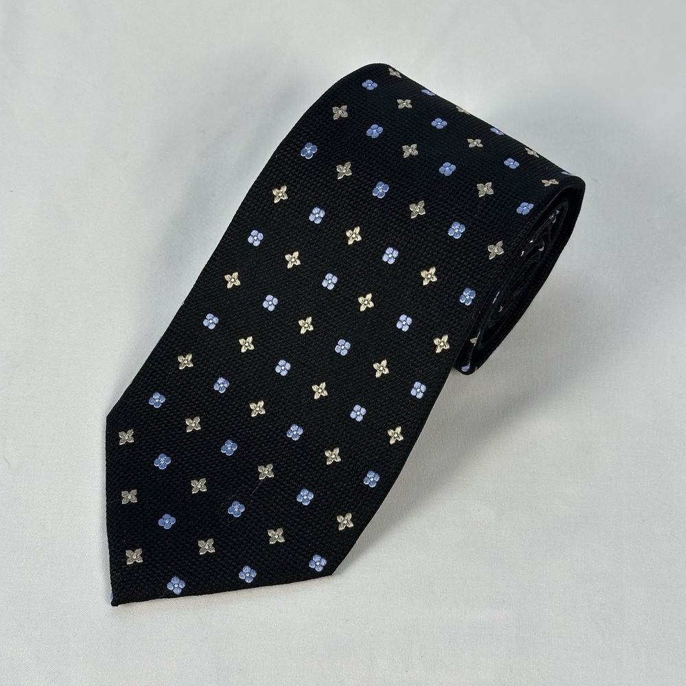 Roundtree & Yorke Silk Tie Black Blue Gold Floral Jacquard 3.5"W 59"L